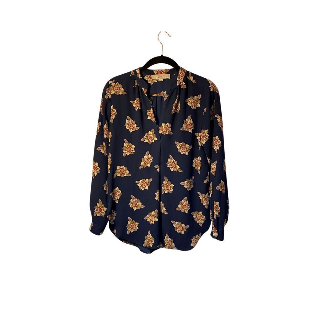 Loft women’s blue floral semi sheer, long sleeve blouse size XSP